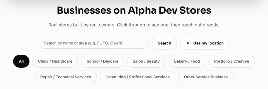 Searching for a business in the Alpha Dev directory